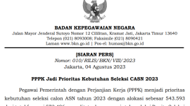 SIARAN PERS
Nomor: 010/RILIS/BKN/VIII/2023,  PPPK Jadi Prioritas Kebutuhan Seleksi CASN 2023. (Bkn) 