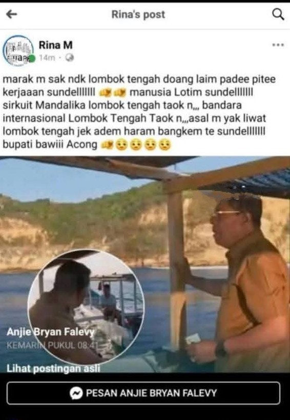 Akun media sosial ini diduga menghina Bupati Lombok Timur H. Haerul Warisin dalam unggahannya. Berikut screenshot tulisan yang menjadi sorotan.