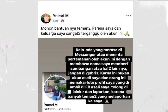 Akun Facebook Ketua DPRD  Lombok Timur Diretas, Masyarakat Diminta Waspada. (Foto: Lombokini.com/Screenshot Akun FB Yoesri M).