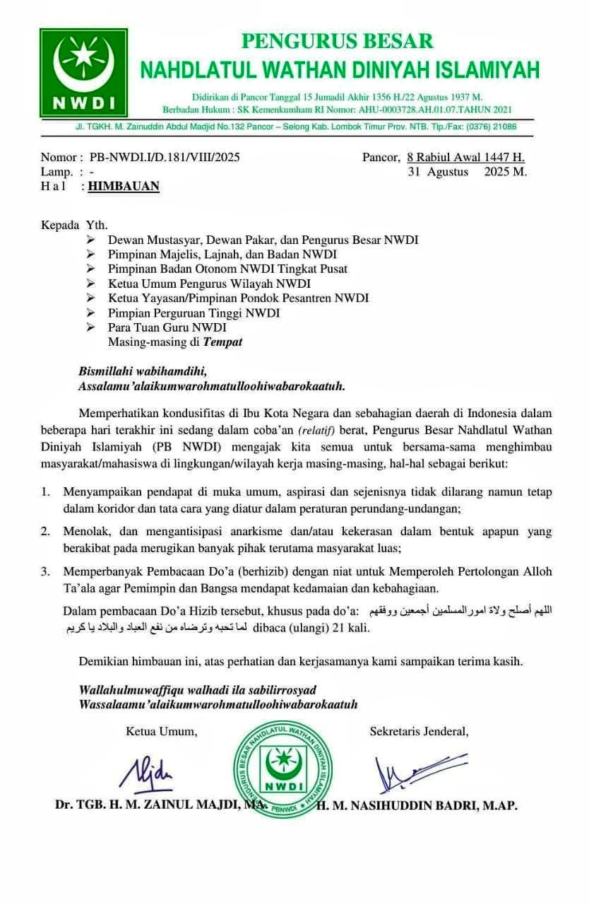 PB NWDI Serukan Masyarakat Jaga Ketertiban dan Perbanyak Doa.