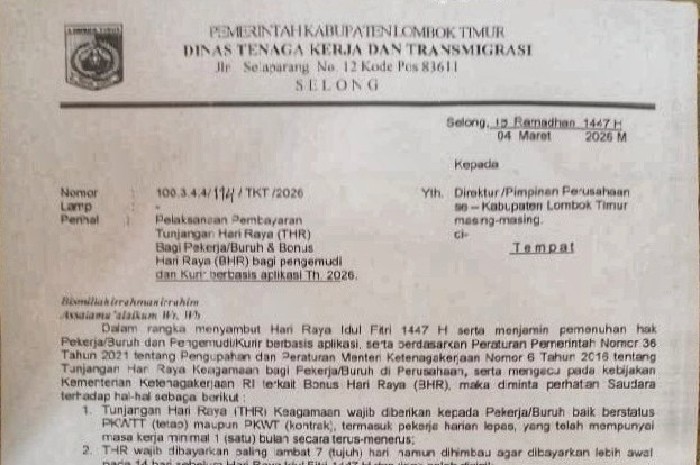 Disnakertrans Lombok Timur Terbitkan Surat Edaran, Wajibkan Perusahaan Bayar THR dan Bonus Kurir Tepat Waktu. (Foto: Lombokini.com/Disnakertrans Lotim).