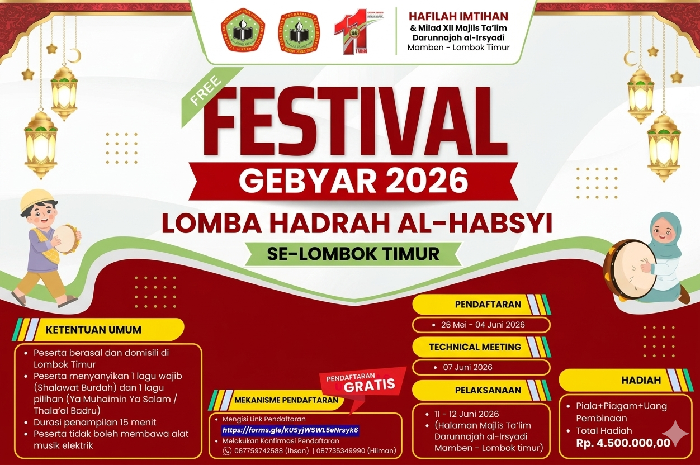 Ikuti Lomba Hadrah Al-Habsyi Festival Gebyar 2026, Panitia Sediakan Hadiah Rp 4,5 Juta. (Foto: Lombokini.com/Istimewa).