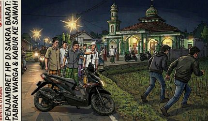 Aksi penjambretan telepon genggam (HP) menghebohkan warga Desa Rensing, Kecamatan Sakra Barat, Kabupaten Lombok Timur pada Kamis (28/5/2026) malam sekitar pukul 19.20 WITA. Dua orang terduga pelaku nekat menggasak HP milik seorang remaja putri, namun pelarian mereka berujung dramatis setelah menabrak warga di depan masjid.