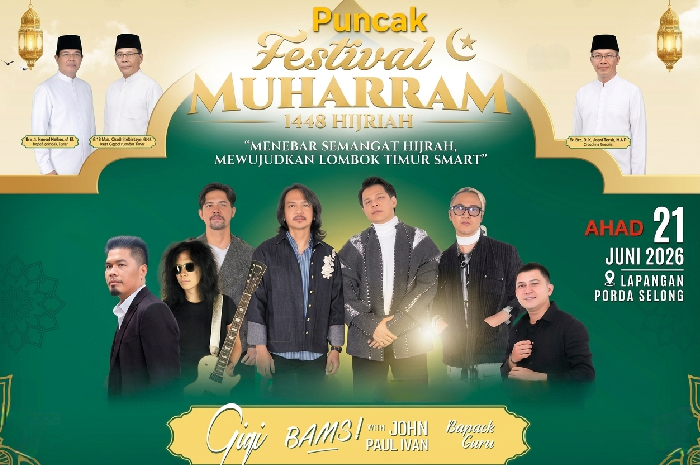 GIGI, Bams, John Paul Ivan dan Bapackguru Siap Hibur Ribuan Penonton di Puncak Festival Muharram Lombok Timur, Ahad 21 Juni 2026 di Lapangan Porda Selong. (Foto: Lombokini.com/Istimewa).