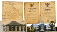 Dokumen fisik Peta Wilayah Daerah Swatantra Tingkat II Lombok Timur, bangunan bersejarah di kiri bawah, serta gedung baru Pemerintah Kabupaten Lombok Timur (kantor Bupati Lombok Timur) yang berdiri di kanan bawah. (Foto: Lombokini.com).
