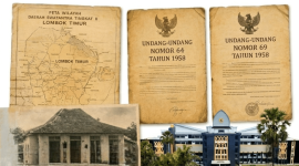 Dokumen fisik Peta Wilayah Daerah Swatantra Tingkat II Lombok Timur, bangunan bersejarah di kiri bawah, serta gedung baru Pemerintah Kabupaten Lombok Timur (kantor Bupati Lombok Timur) yang berdiri di kanan bawah. (Foto: Lombokini.com).
