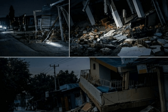 Ratusan rumah warga ambruk akibat gempa dahsyat yang mengguncang NTT, Sabtu 15 Agustus 2026. Pemilik rumah kini mengungsi ke tenda darurat sambil menunggu bantuan logistik dari pemerintah. (Foto: Lombokini.com).