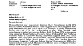 Empat anggota DPRD NTB dari PDI Perjuangan melayangkan surat resmi ke BPK Perwakilan NTB, Selasa 4 Agustus 2026, untuk mempertanyakan tidak dimuatnya hasil audit pergeseran dana Belanja Tidak Terduga (BTT) Rp 484 miliar dalam Laporan Hasil Pemeriksaan (LHP) APBD NTB 2025. (Foto: Lombokini.com/Istimewa).