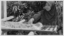 Murnihati sedang menjemur bahan baku terasi yakni udang rebon.